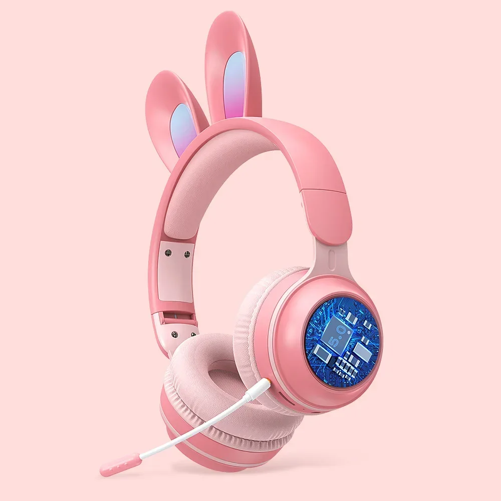 กระต่ายหูหูฟังบลูทูธชุดหูฟังกระพริบสเตอริโอไร้สายพร้อมไมโครโฟนหูฟังเด็กของขวัญ