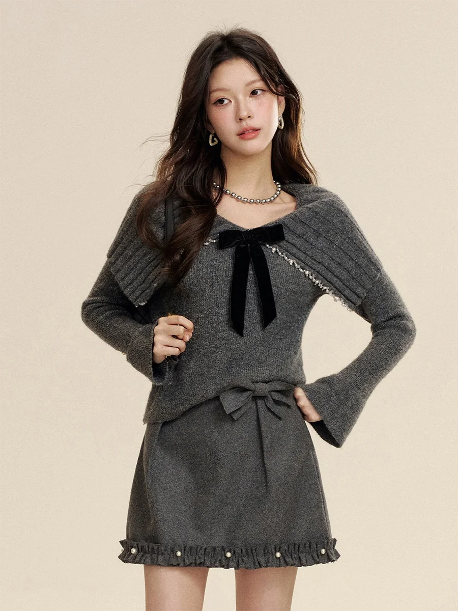 

Knot Pearl Lace-Up Knitted Sweater f Skirt Set Women's Faion Casual Sle Long Sve V-Ne Bodycon Dr