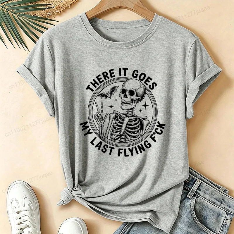 Retro Humor Skull Women T-Shirts Sarcastic Skeleton Bat Graphic Print Tshirts Casual Short‑sleeve Party O‑neck Tee T-Shirts Gift