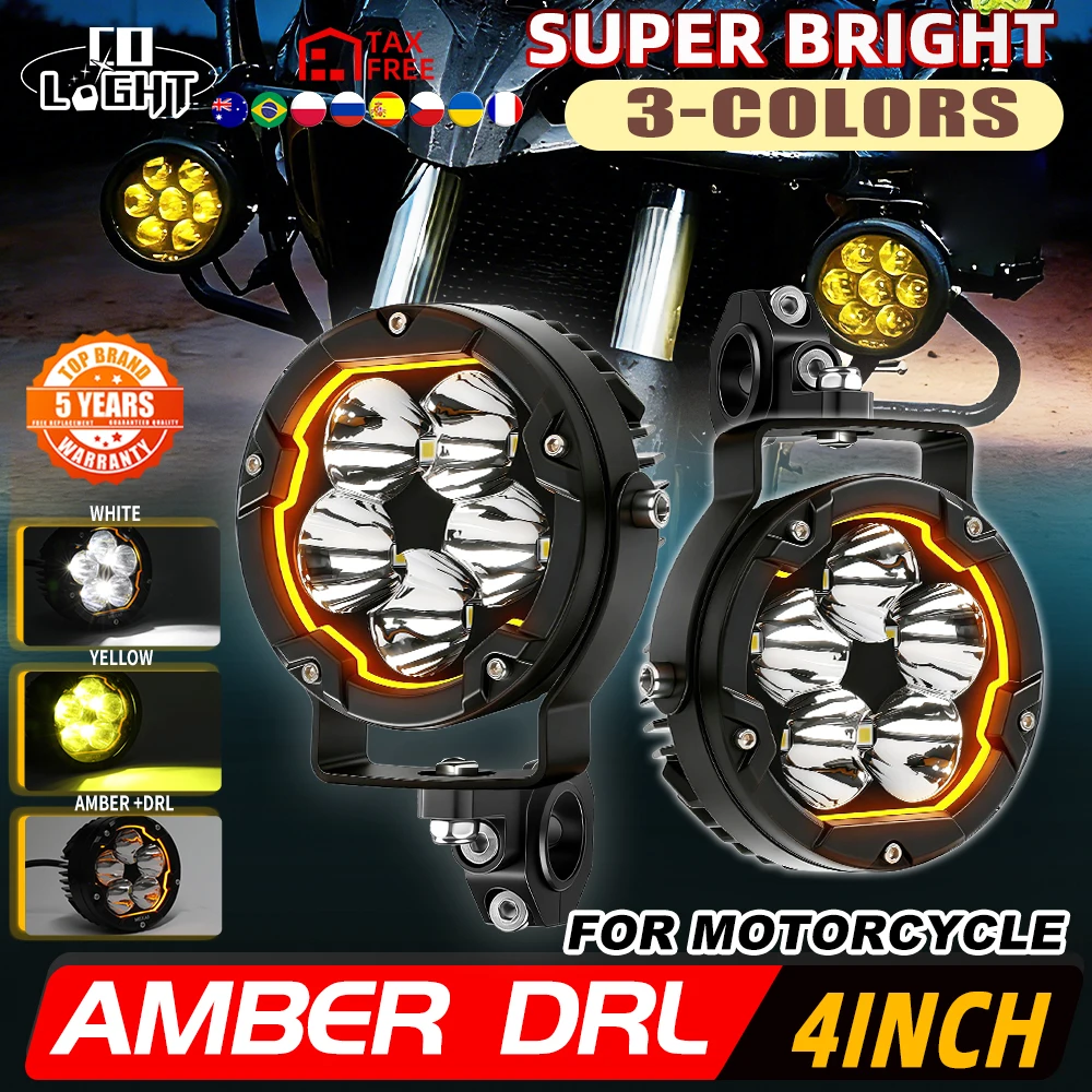 CO LIGHT 4-Zoll Mini Dual-Color LED Motorrad-Zusatzscheinwerfer mit Stroboskop-Schalter, Nebelscheinwerfer für BMW R1200GS, Offroad-Nutzung