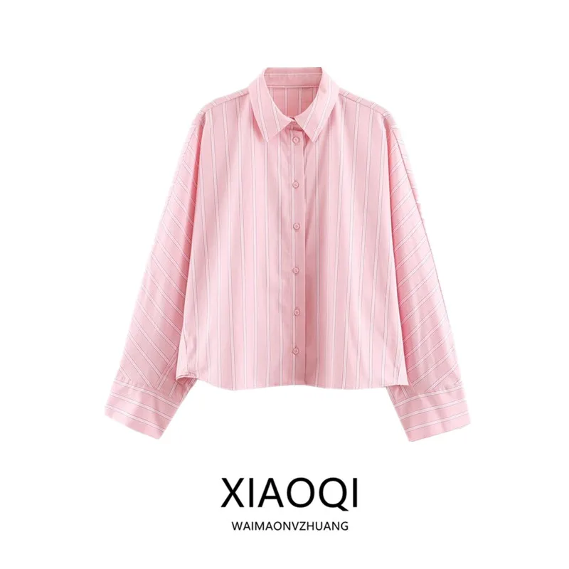 Summer 2026 Women's Loose Long Sleeve Striped Shirt Turn-down Collar Lantern Sleeve Classic Commute Style Casual Fashion