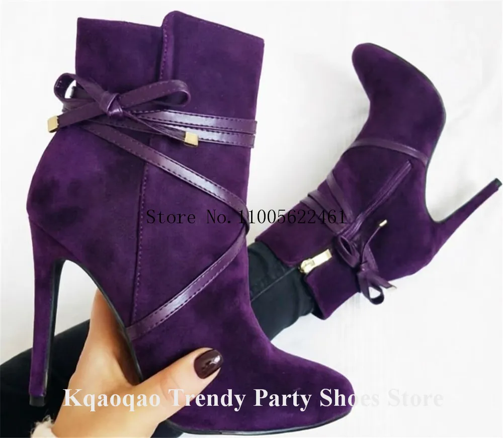 Kqaoqao Black Red White Suede Stiletto Heel Short Boots Round Toe Lace-up Thin Heel Ankle Booties Big Size Boots view 3