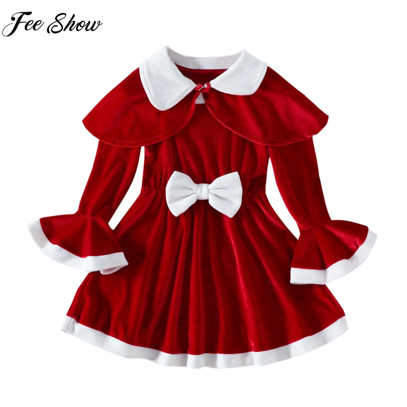 

Children Girls Christmas Santa Claus Cosplay Costume Long Sleeve Bowknot Princess Dresses with Shawl for Xmas Party Stage Show