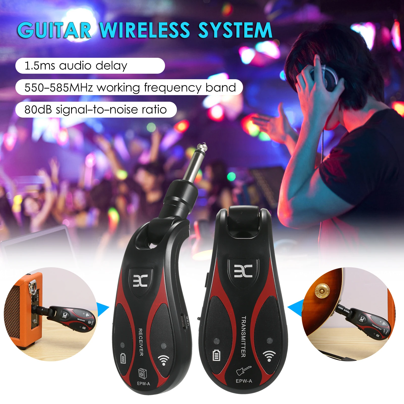 ENO EPW-A Guitar Wireless System Audio Transmitter and Receiver UHF 6.35mm Plug for Electric Bass Guitar Amplifier Accessories