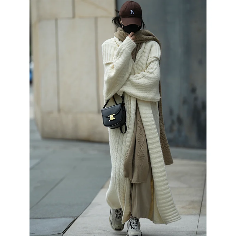 

French Shawl Long Oversize Thickened Coat Solid Color Loose Knitted Cardigan Autumn and Winter New Sweater for Women Cardigans