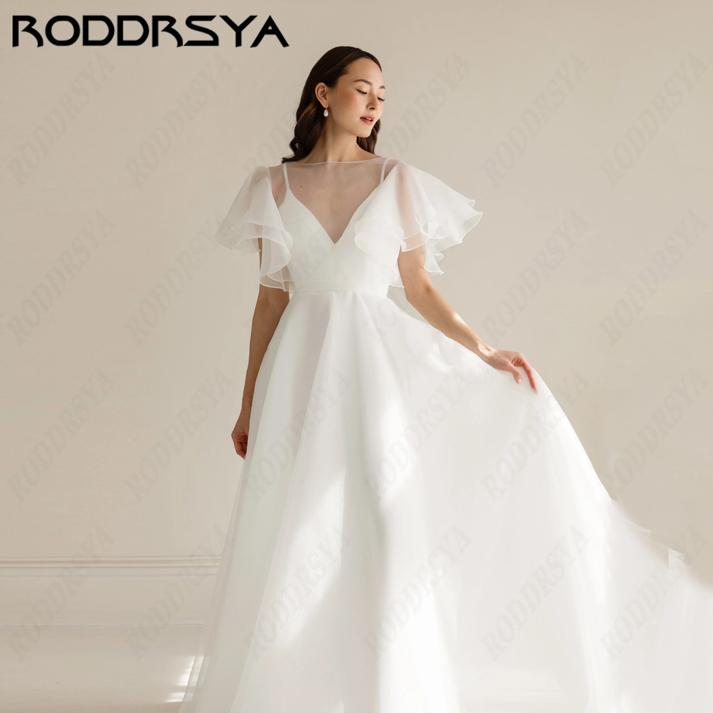 RODDRSYA A-Line V Neck Simple Wedding Dresses Spaghetti Straps Organza Bride Gown Court Train Ruched Floor Length Bridal Dress