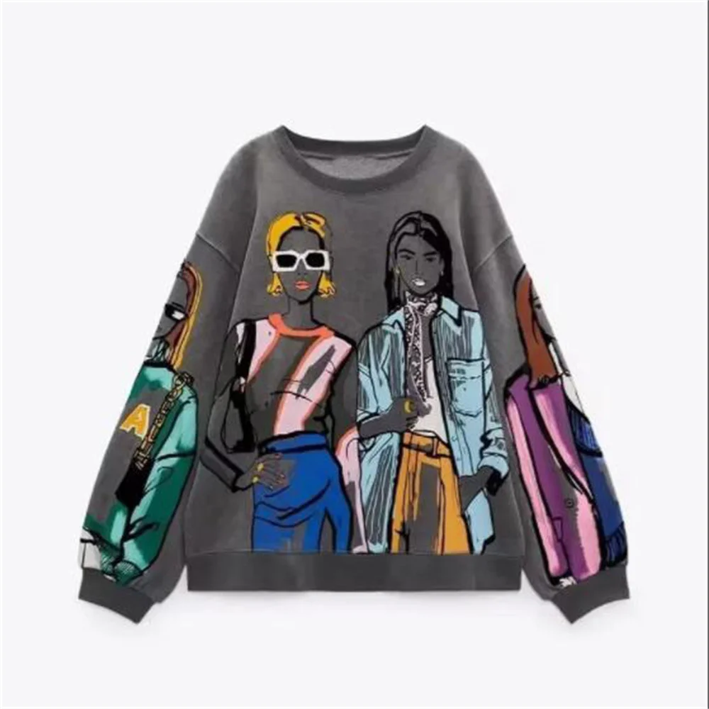 UNIZERA 2023 Autumn/Winter New Product Women's New Fashion Casual Loose Versatile Round Neck Long Sleeve Printed Sweater