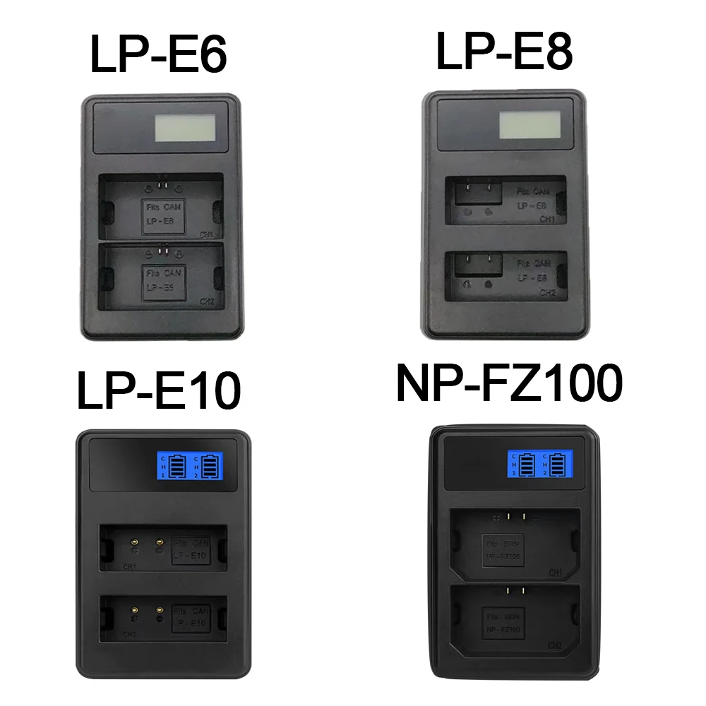 Dual-Slot Single-Lens Reflex Camera Battery Charger NP-FZ100, LP-E10, LP-E8, LP-E6 LCD Display, Suitable for Canon, SONY, Etc