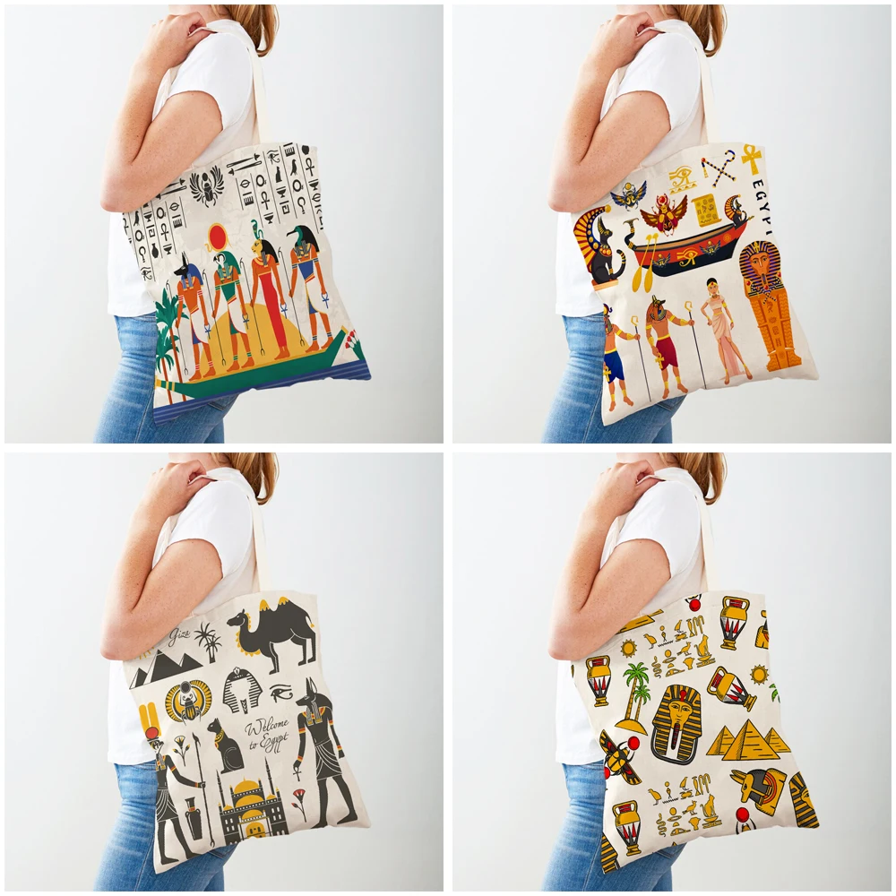 Fashion Ancient Egypt Totem Pharaoh Both Sided Canvas Shopping Bag Reusable Cartoon Anubis Lady Student Shopper Bags for Women