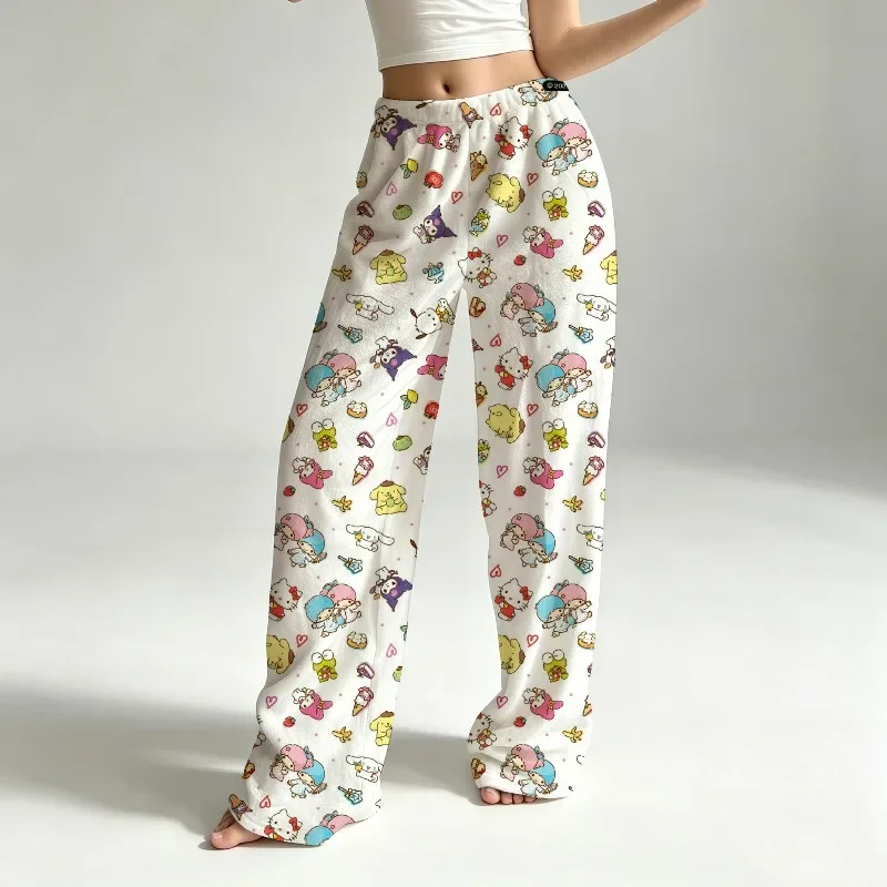 Hello Kitty Crayon Doodle Flannel Pajama Pants Womens Rainbow Heart Print Wide Leg Fleece Sleepwear Home Trousers Kawaii Gift