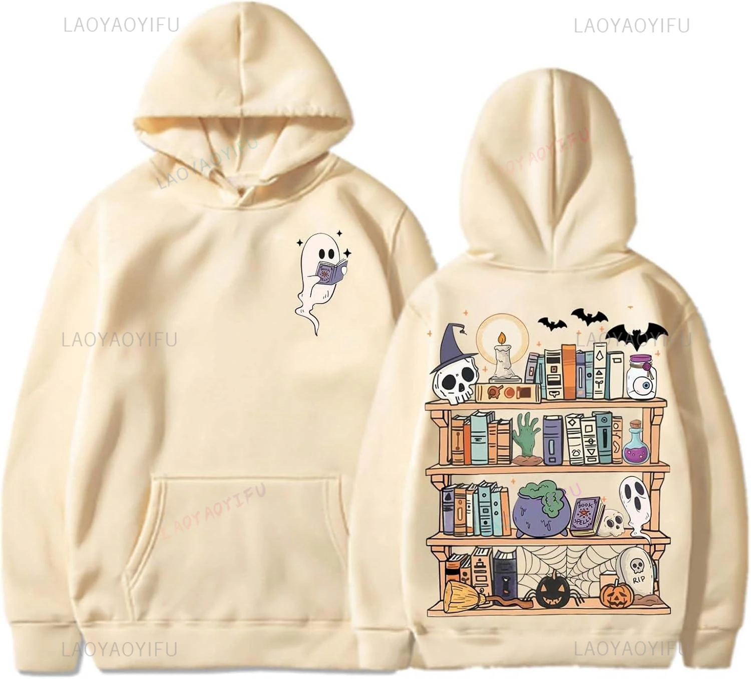 Halloween Ghost Bookshelf Graphic Hoodie Spooky Library Book Lover Ghost Reading Books Sweatshirt Casual Fashion Loose Pullover