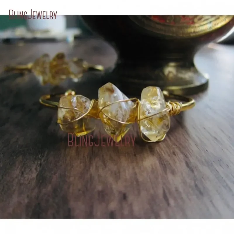 10pcs Citrine Quartz Women K Gold Color Bangle Couple Bracelet Wrapped Natural Stone Cuff Birthstone Crystal Bridal Jewelry Gift