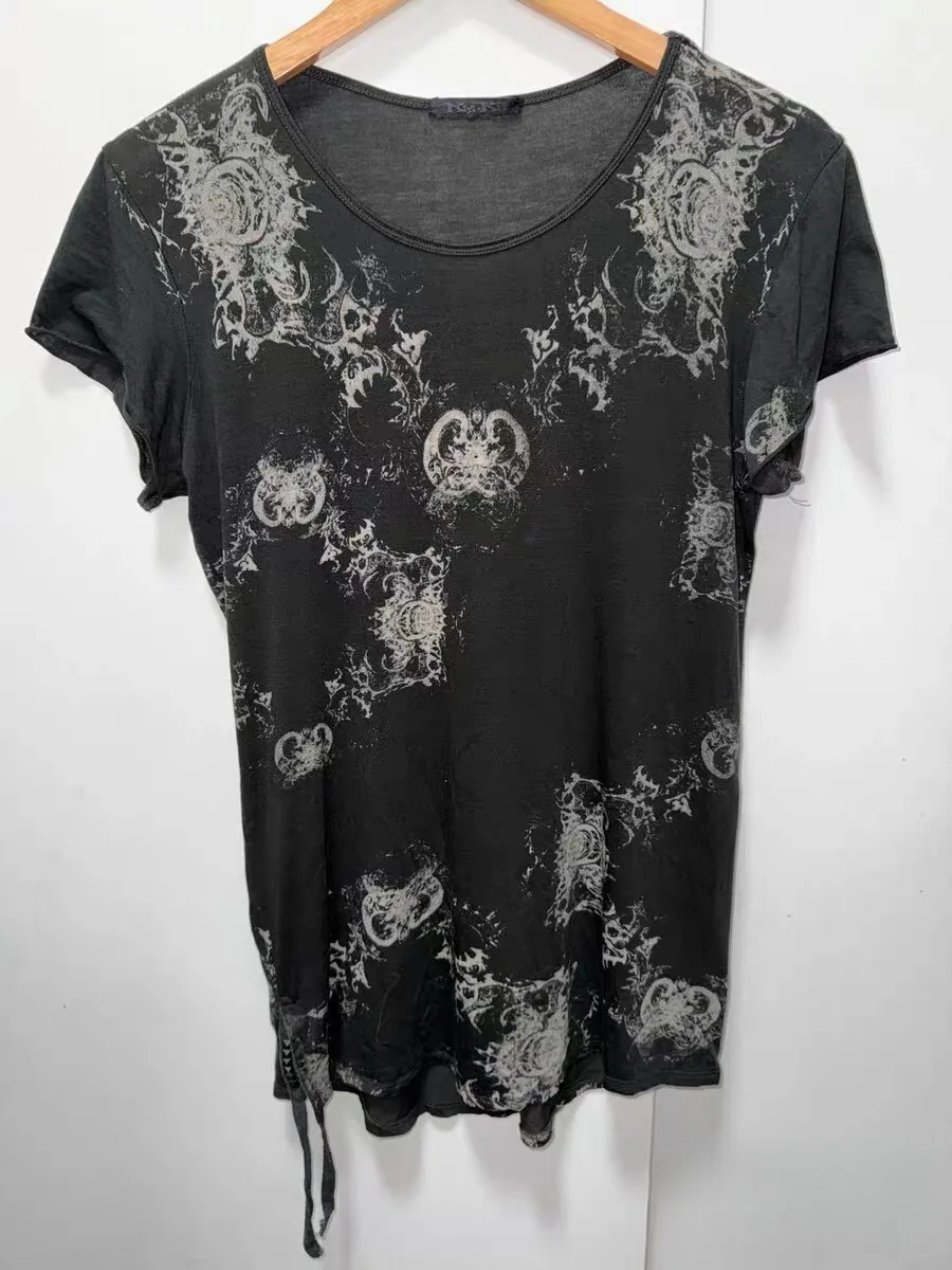 BLACK JOKER kimri Visual kei subculture retro thorn floral dark print crew neck short-sleeve T-shirt