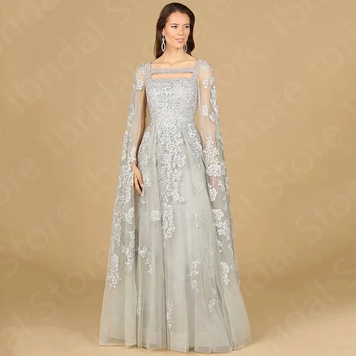 Precioso vestido de encaje plateado para madre de la novia, vestidos de manga larga con cuello Barco, vestidos de fiesta de boda con apliques azules, 2024