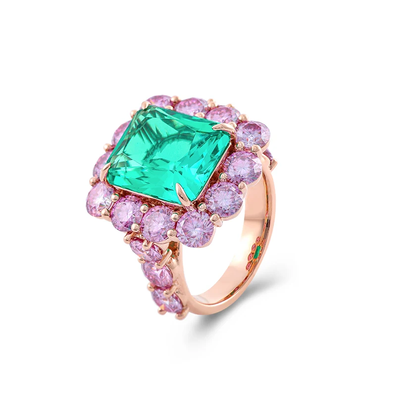 Provence 14K Solid Gold Cocktail Ring With 12*14mm Lab Emerald For Women Luxury Engagement RIng With Round Corundums Customize