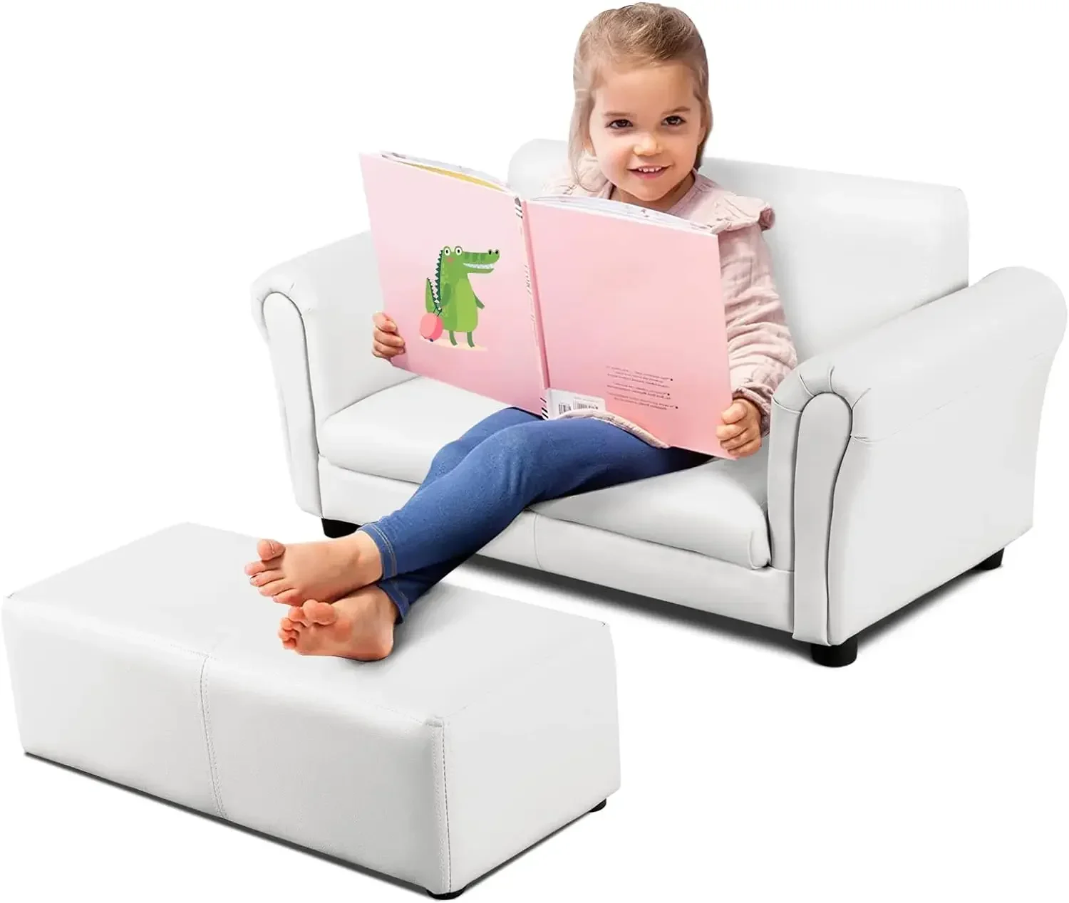 Canapé pour enfants avec repose-pieds, canapé pour enfants avec accoudoir à 2 places, chaise de canapé avec construction en bois et dossier