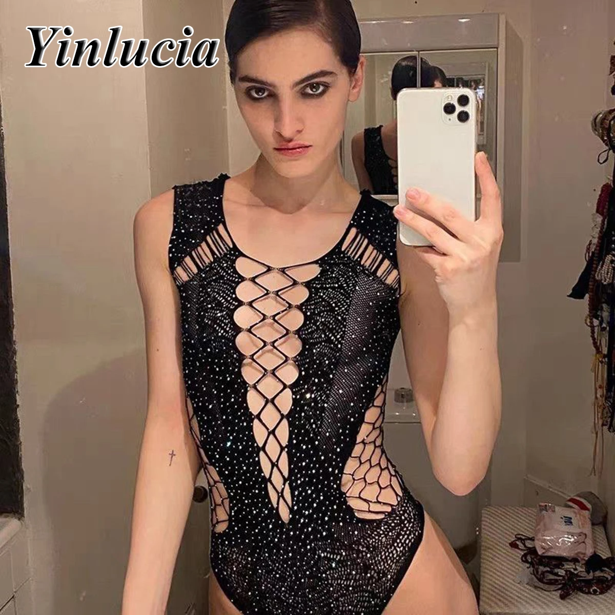 Sexy Shinny Diamond Hollow Out Backless Jumpsuit Triangle Pants Perspective Knitted Bodysuit Slim Soft Elastic Hot Babes New