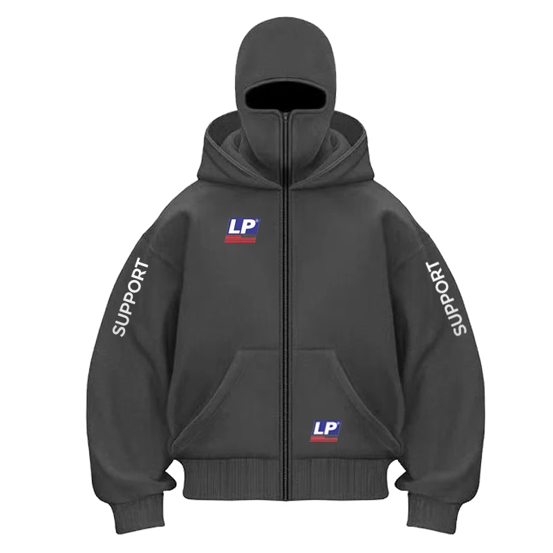 2026 LP SUPPORT logo Autumn/Winter Men's  Hooded Loose  Sport Shirt, Street Loose Casual Masked Sweatshirt Windproof Double Hood
