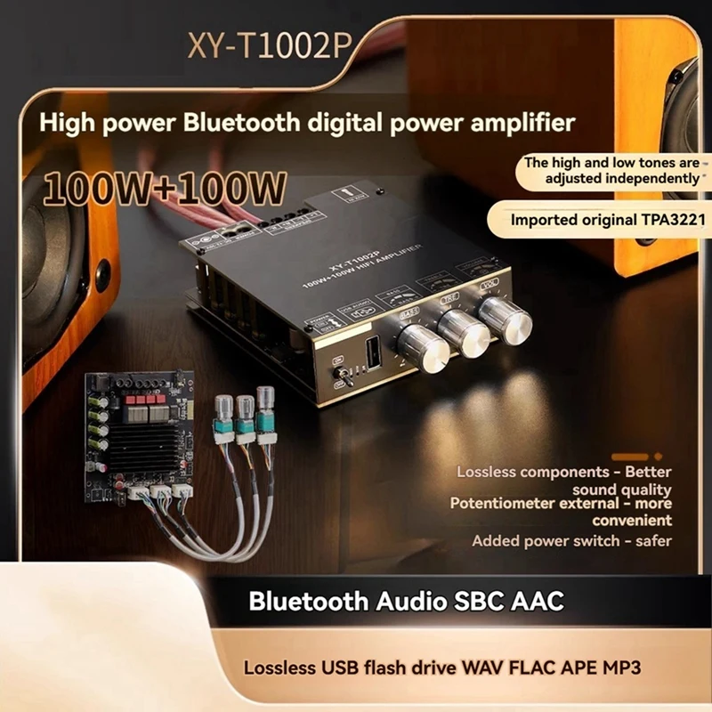 T1002p atualização 100w * 2 bluetooth placa amplificador digital áudio estéreo equalizador ajuste de graves altos tpa3221 ultra 3116 b