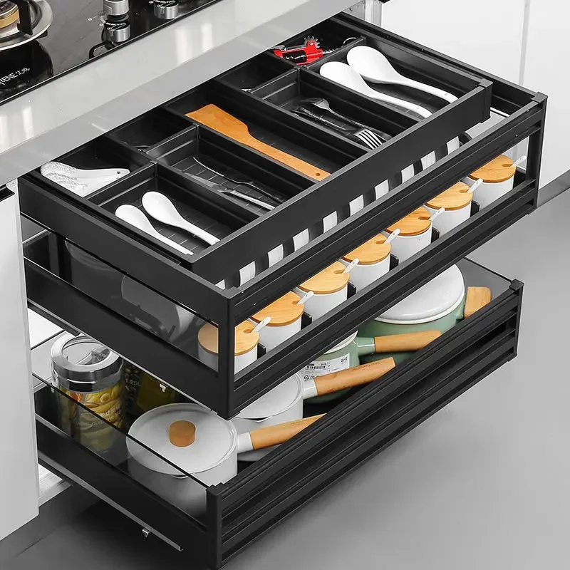 Intelligent kitchen cabinet, pull-out basket, drawer type, three-layer aluminum alloy, central drawer, dish basket