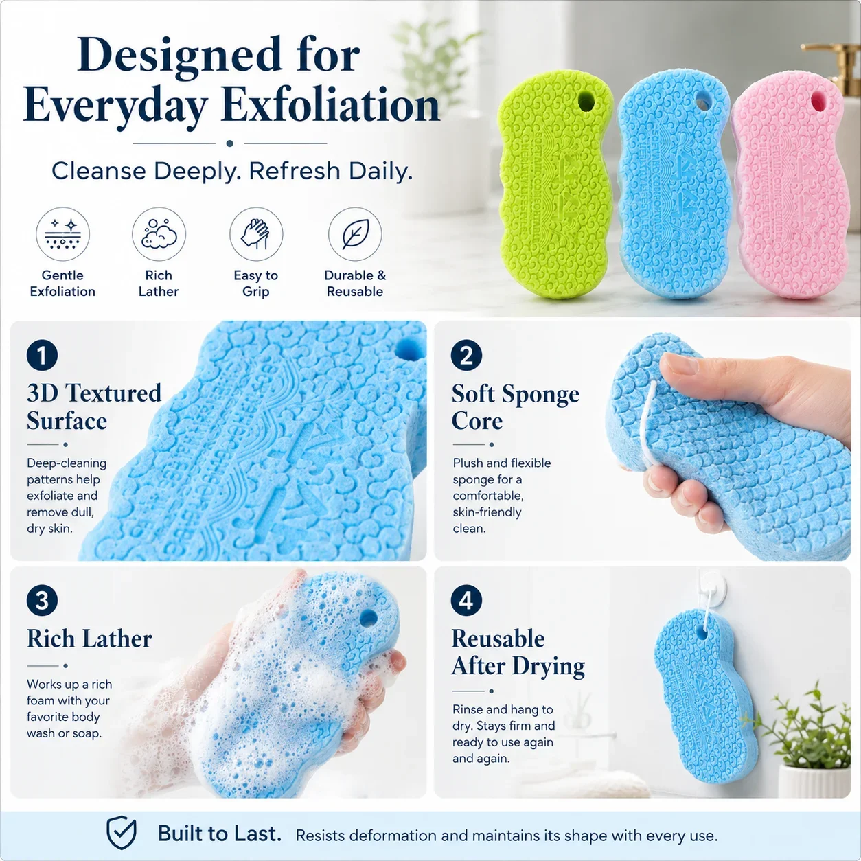 Korean 3D Porous Exfoliating Sponge, Painless Quick Mud Removal, Shower Scrub Supplies for Adults and Children