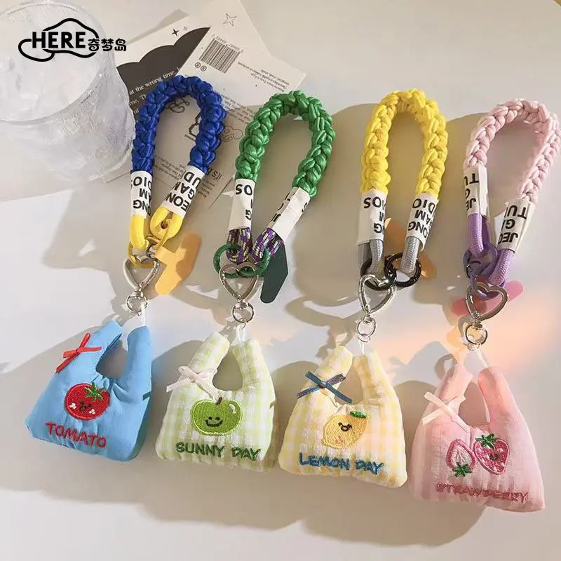 

Here Qimengdao Kawaii Fruit Mini Tote Bag Keychain Genuine Braided Phone Lanyard Cute Wrist Strap Bag Charm Decor Pendant Gift