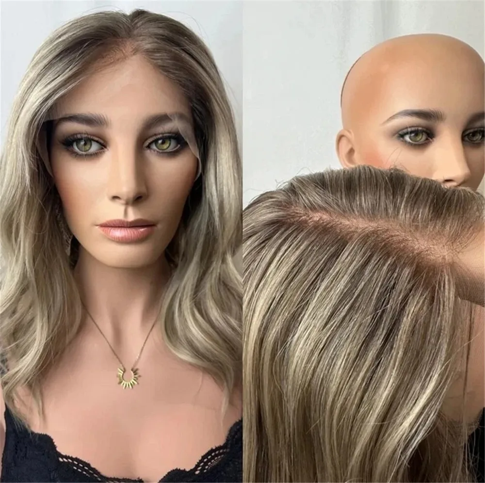 

14-дюймовый парик до плеч, омбре блонд с мелированием, из смеси натуральных и синтетических волос, свободная волна, без клея, 13*4, женский парик