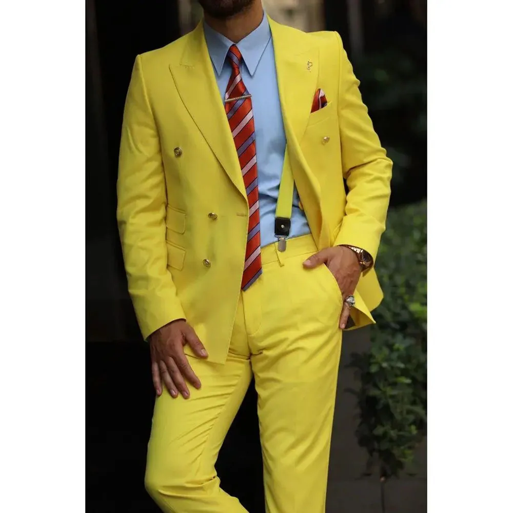 Formal Men\'s Suits Yellow Blazer Homme Double Breasted Peak Lapel Regular Length Elegant Prom Outfits 2 Piece Jacket Pants 031A