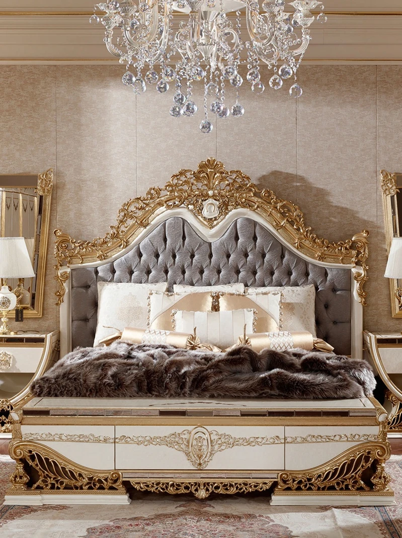 French light luxury solid wood carved double bed, master bedroom, European luxury double bed, villa furniture, custom princess