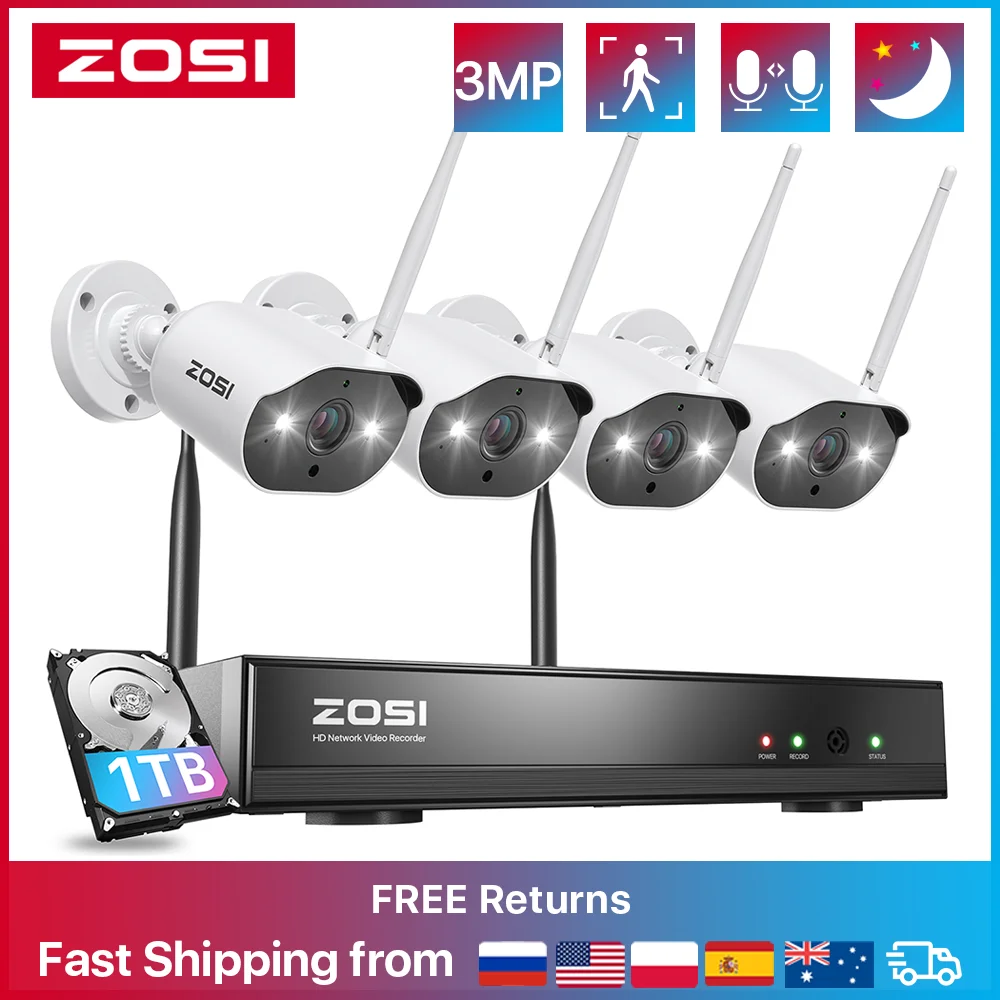 

ZOSI 3MP Wireless Security Camera System With Smart Ai Outdoor Bullet Or PTZ IP Cameras 2K H.265+ 8CH CCTV NVR Kit