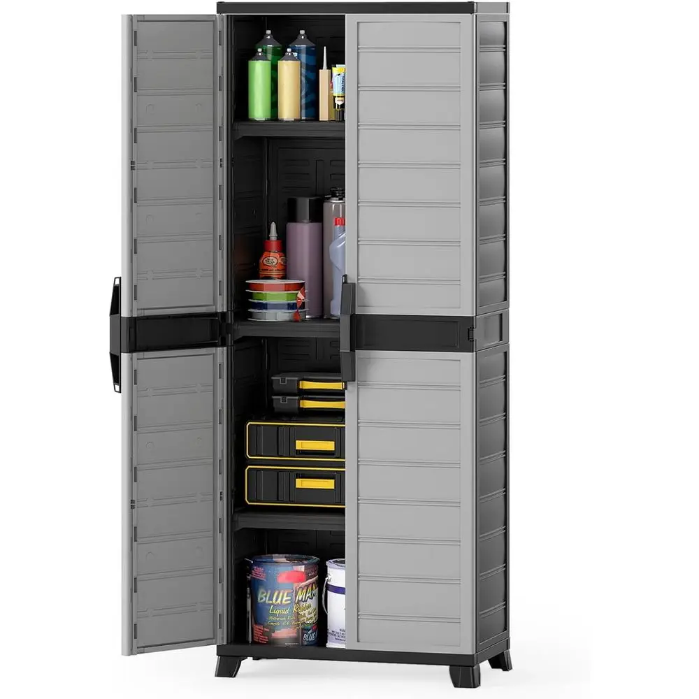 

Gray Plastic Vertical Storage Cabinet with Lockable Doors and Adjustable Shelves for Utility, Office, Basement, and Laundry Room