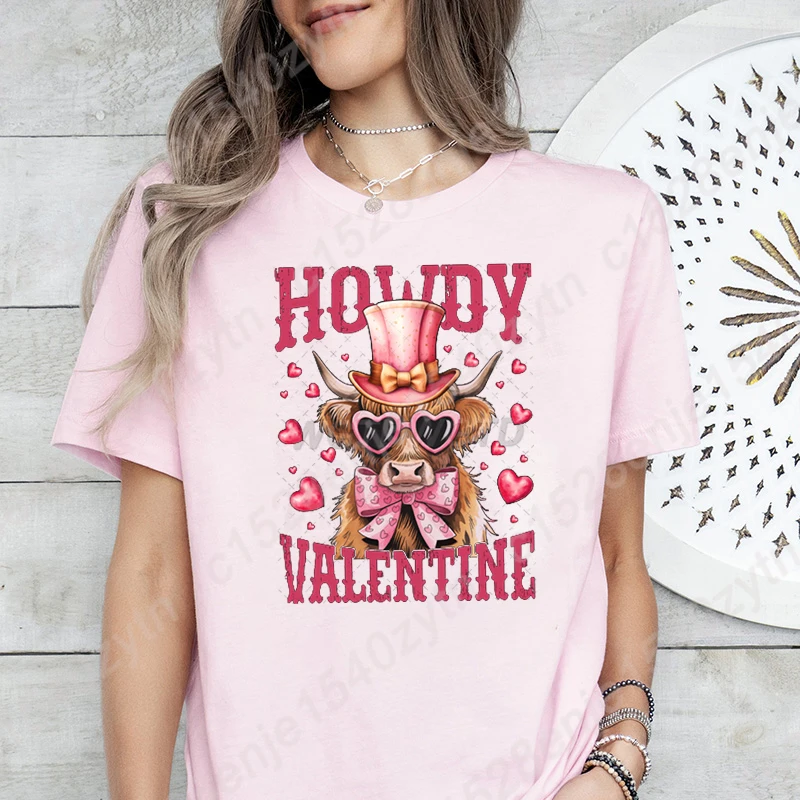 Cute Cow Howdy Valentine Print T-shirts For Women Summer Fashion Casual Short Sleeve Round Neck Tops Ladies Solid Color T-Shirts