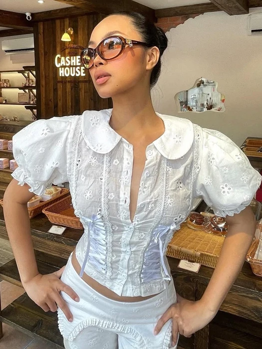 

White Embroidered Slim Fit Shirt with Puffy Sleeves And Waist-Cinching Design Summer Short Style Women's Fashion Holiday Look