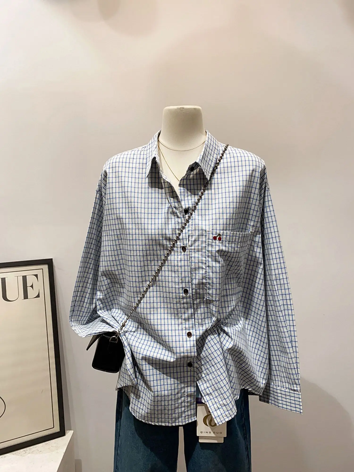 

Свободная рубашка с длинными рукавами в синюю клетку, с воротником, весенне-осенняя, в корейском стиле, повседневная, удобная верхняя одежда для молодежи