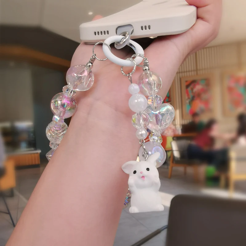 Mobile Phone Lanyard Short Small White Rabbit Pendant with Colorful Love Beaded Pendant Universal Phone Case Anti Loss Lanyard