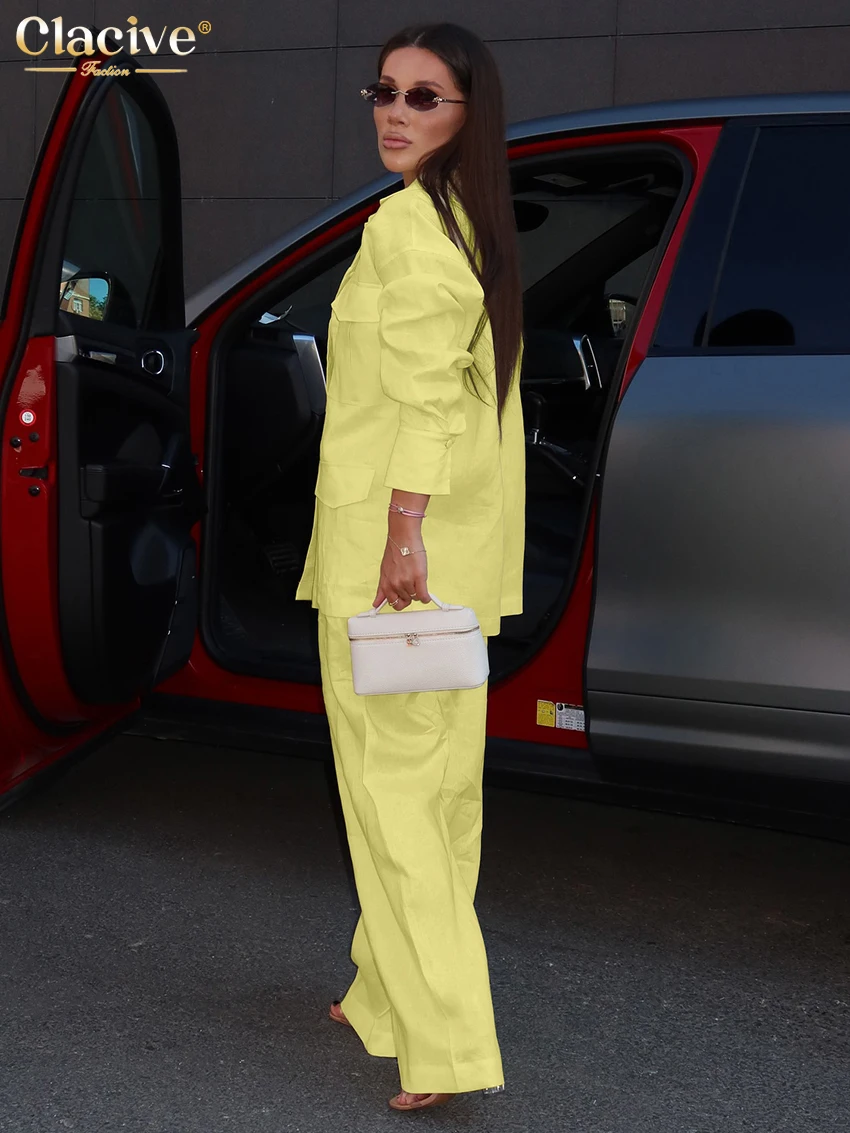 Clacive แฟชั่นหลวมผ้าลินินสีฟ้า 2 ชิ้นชุดผู้หญิงเสื้อแขนยาวเอวสูงกางเกงกว้างชุดหญิง Streetwear