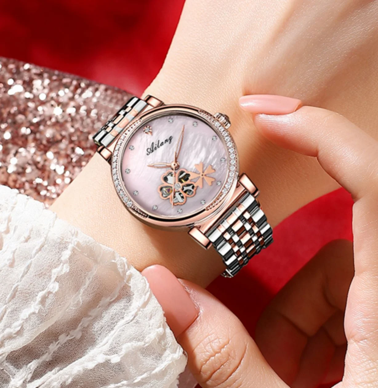 

New Luxury Women's Stainless Steel Clover Design Rhinestone Automatic Mechanical Watch