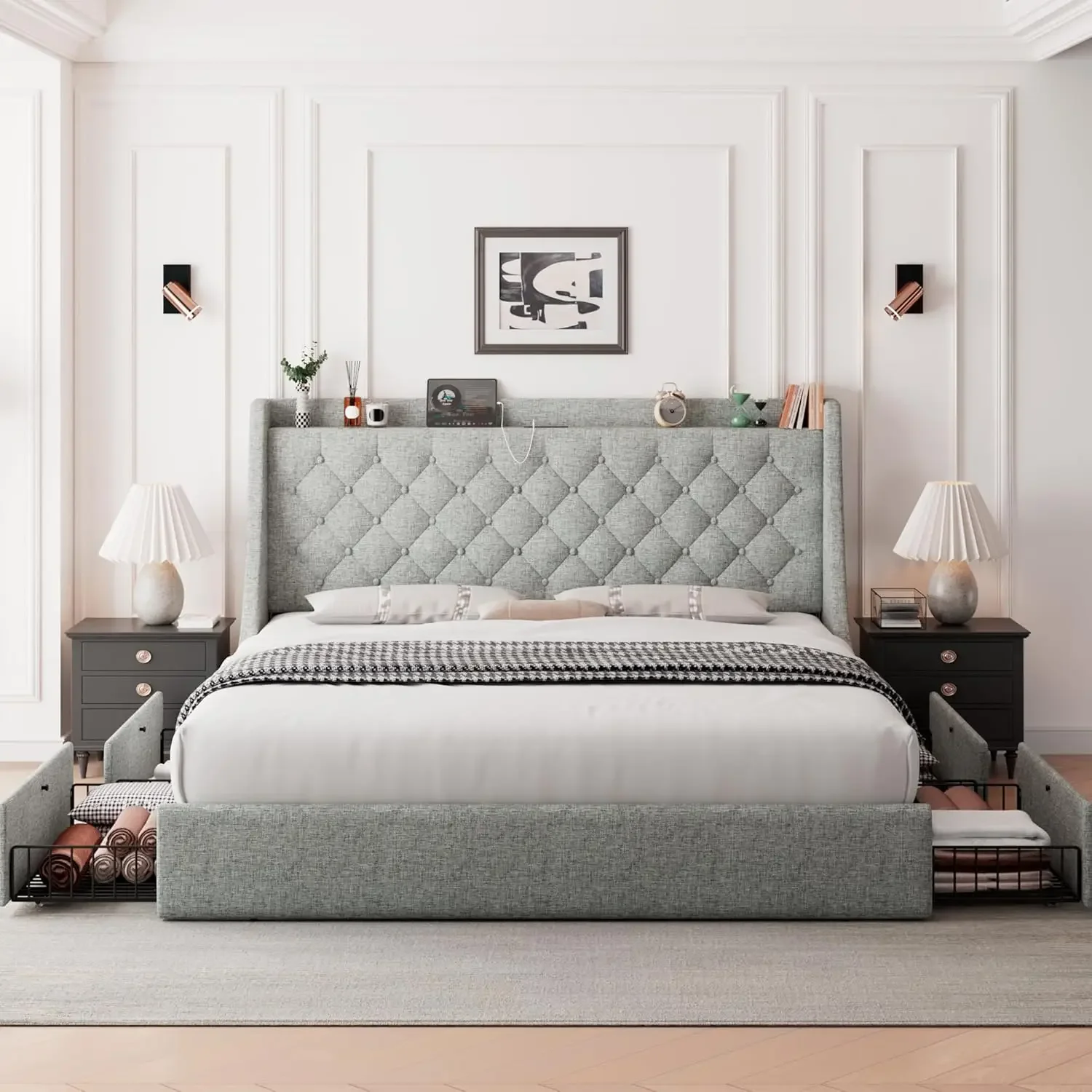Queen Size Bed Frame with 4 Storage Drawers, Upholstered Storage Bed with Charging Station, Tufted Wingback Storage Headboard