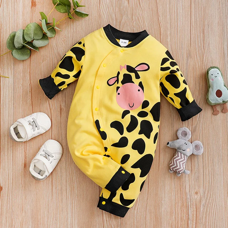 Spring And Autumn Boys And Girls Cute Cartoon Cow Print Cotton Comfortable Long Sleeve Baby Bodysuit