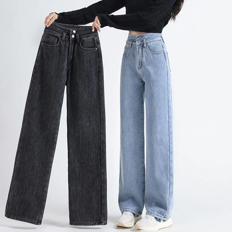 

Женские флисовые джинсы с высокой талией, новые зимние толстые дизайнерские прямые джинсовые брюки с двойными пуговицами, корейские модные свободные джинсовые брюки