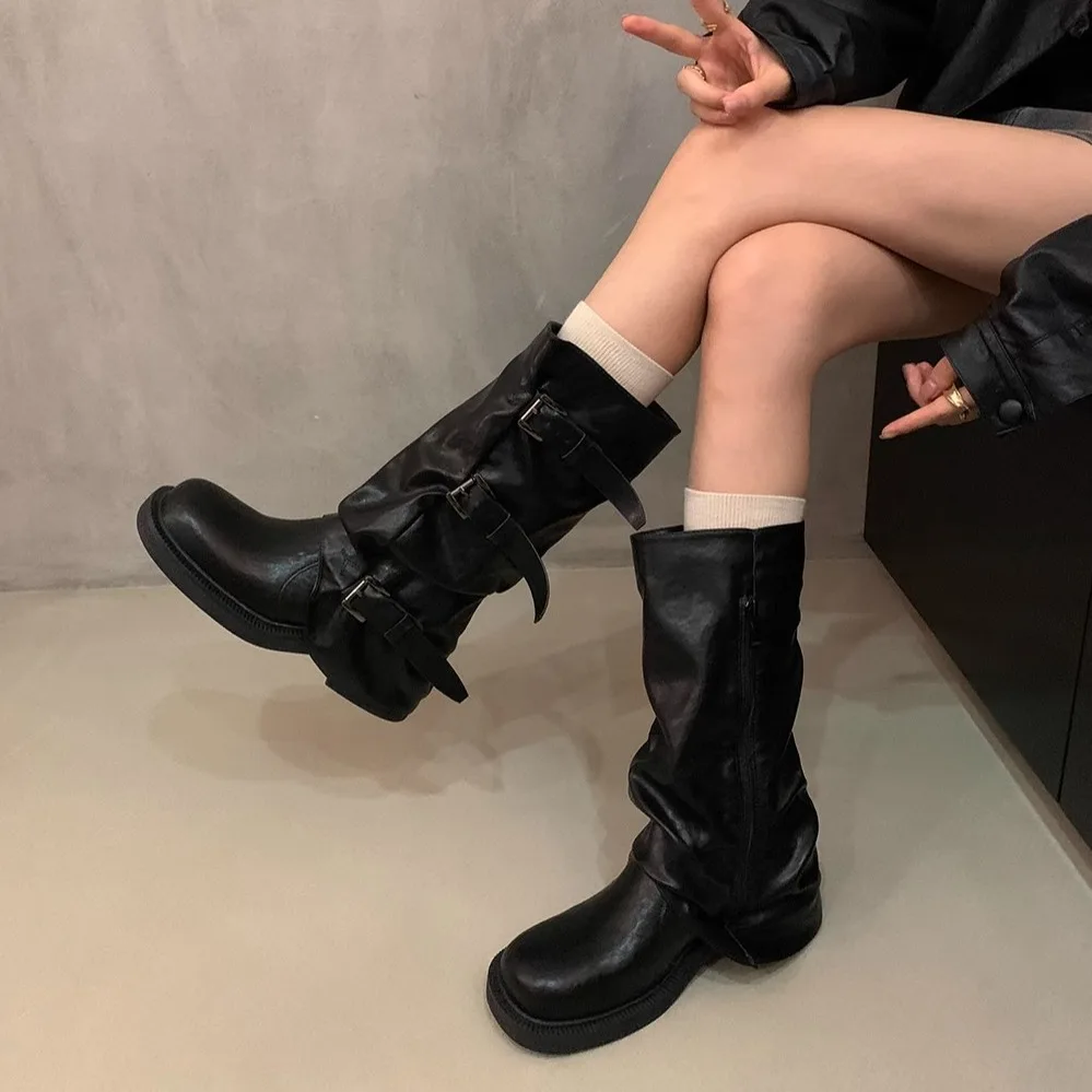 

French women's boots retro thick heel mid high boots Western cowboy pile boots Knight boots early autumn