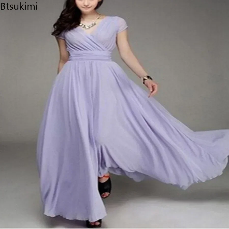 Women's Summer Elegant Chiffon Dress Oversized Sexy Long Dresses Female V-neck Luxury Boho Evening Maxi Party Dress Vestidos