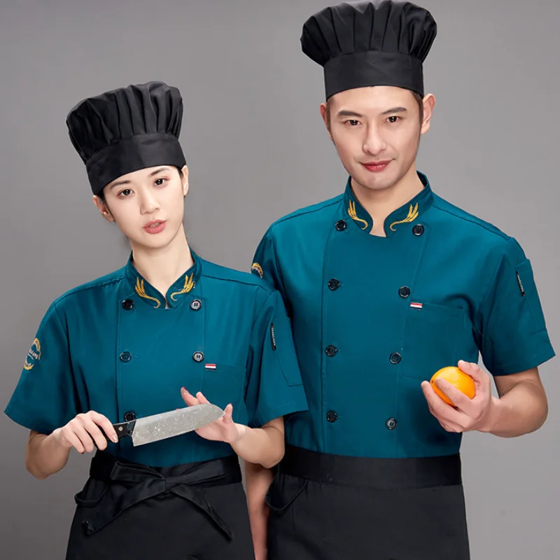 Veste de Chef unisexe à Double boutonnage, haut de Chef léger à manches courtes pour femmes et hommes, uniforme de Chef avec coutures colorées, chapeau tablier
