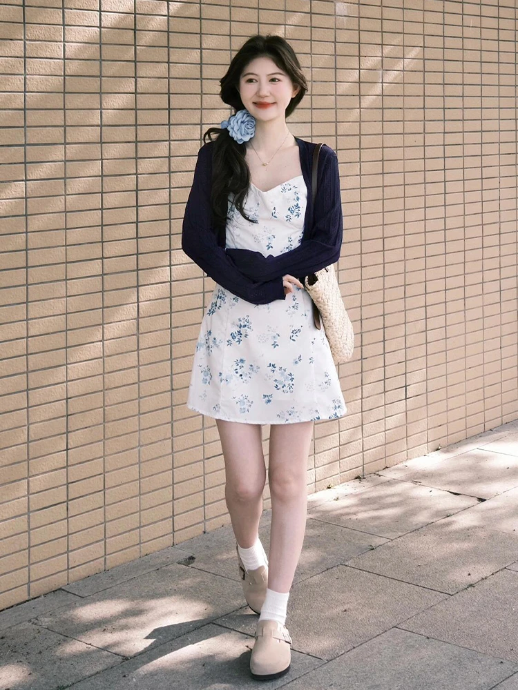 White Floral ter Dr Set Women Summer Ele Beach Vaion Sle ort Skirt Ensemble Sweet Japanese Sle High Waist ...