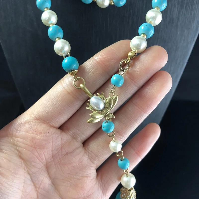Medieval turquoise pearl necklace bead necklace combination stacked long necklace elegant temperament earrings