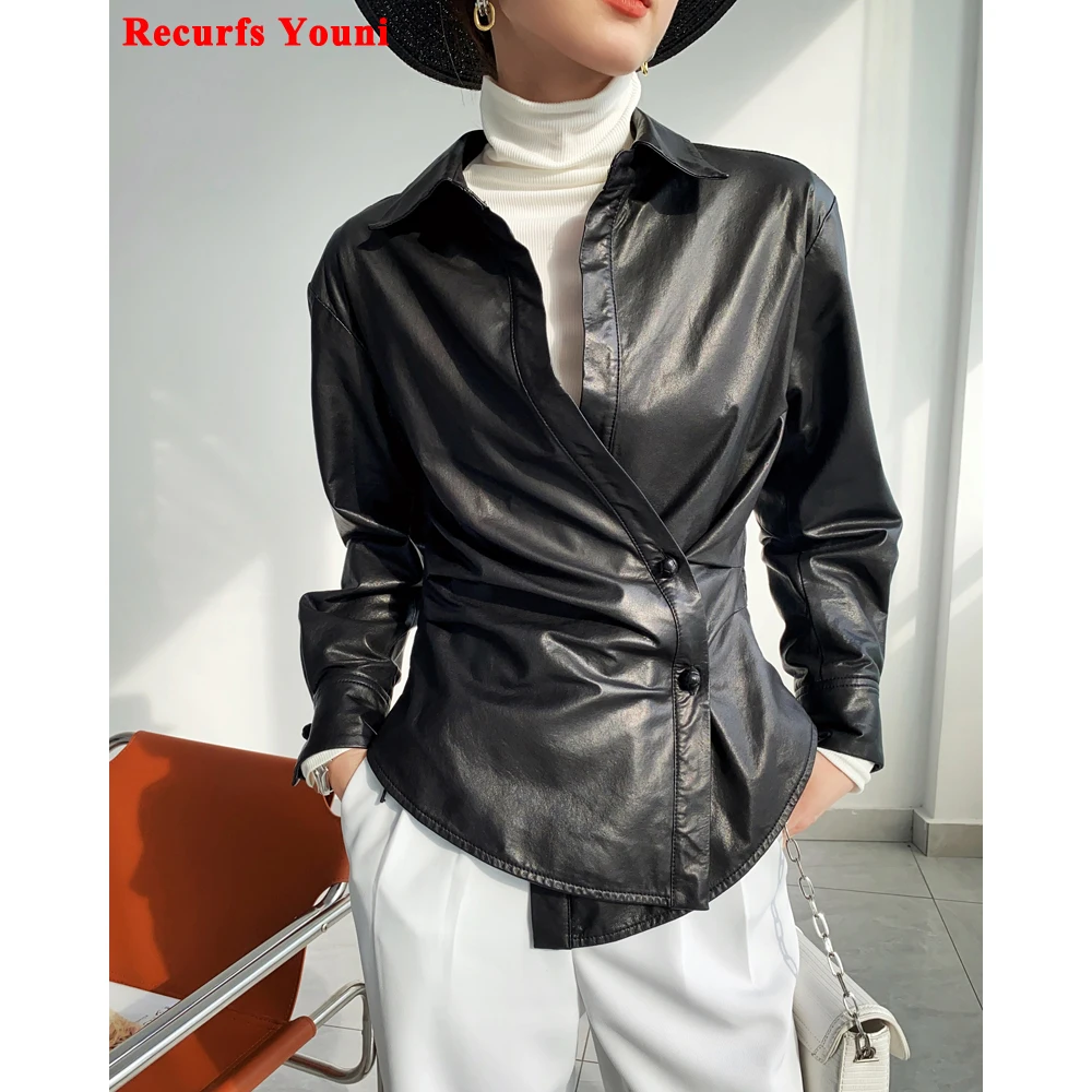 Women\'s Lambskin Jacket 2024 Autumn Vegetable Tanned Leather Shirt Female Wrinkled Asymmetrical Slim Waist Round Hem Black Coat