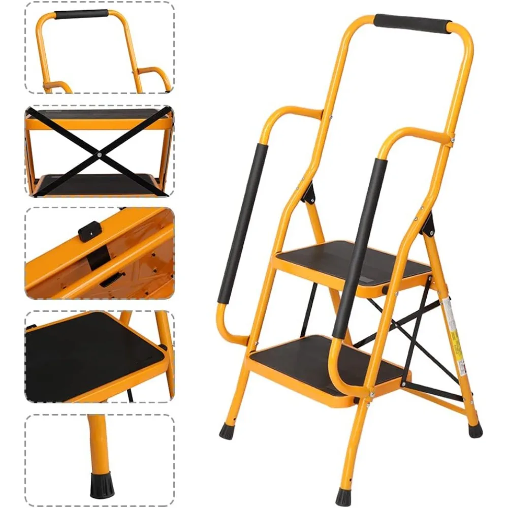 

2-ступенчатая лестница с поручнями, складной табурет-ступенька 500 фунтов, с нескользящими боковыми подлокотниками, большая зона педали