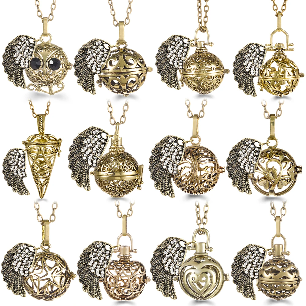 Mexico Chime Caller Tree of Life Bronze Angel Wings Aromatherapy Diffuser Pendant Women Bola Perfume Lockets Necklace Jewelry
