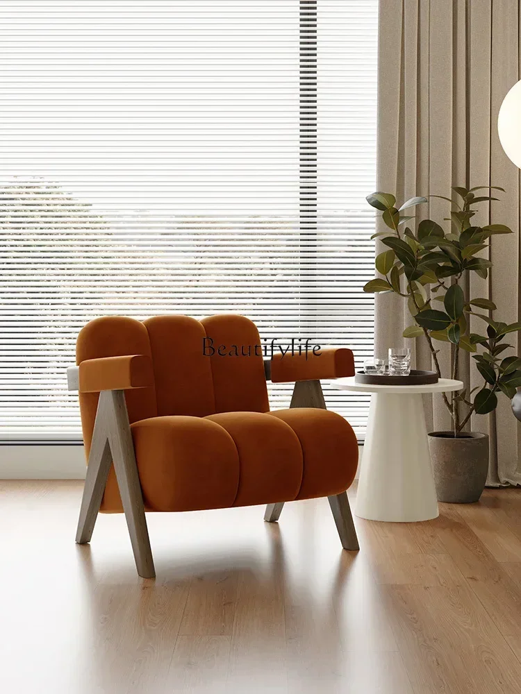 

1FG10Medieval cream style living room solid wood leisure single sofa chair small apartment balcony single chair