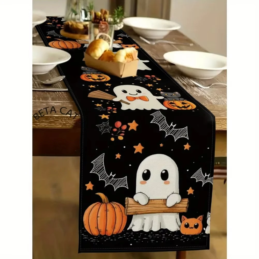 Cozy Cute Halloween Table Runner with Little Pumpkin Bats, Jack O Lantern Spider Design for Tabletop Celebration